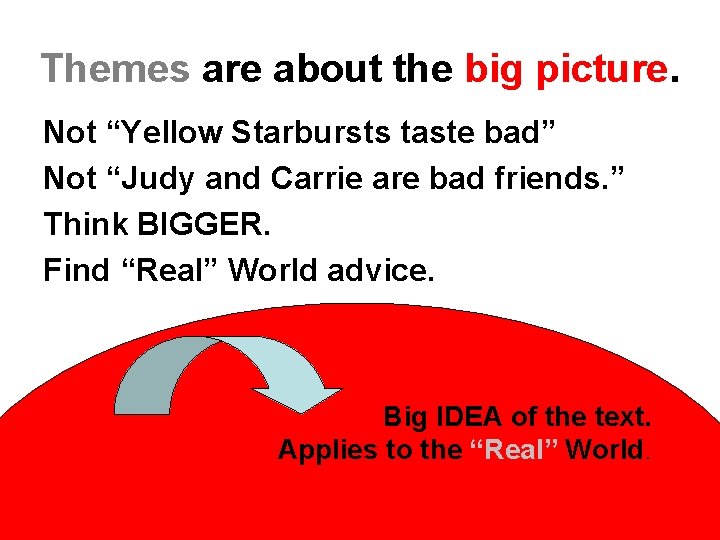 Themes are about the big picture. Not “Yellow Starbursts taste bad” Not “Judy and