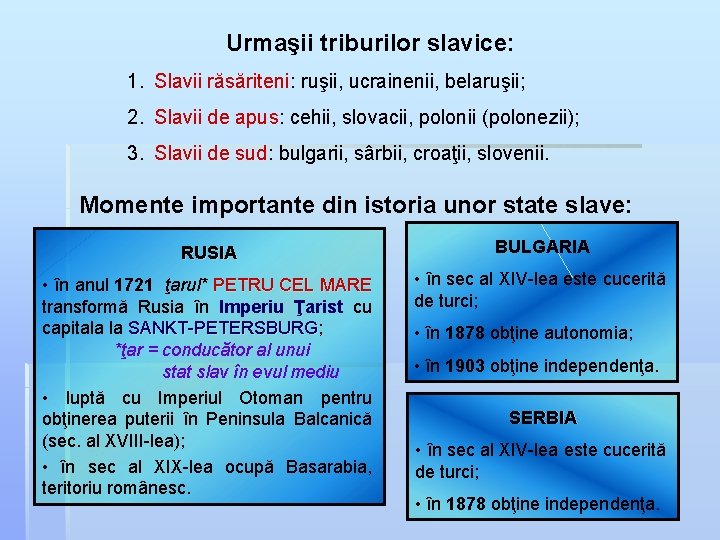 Urmaşii triburilor slavice: 1. Slavii răsăriteni: ruşii, ucrainenii, belaruşii; Slavii răsăriteni 2. Slavii de