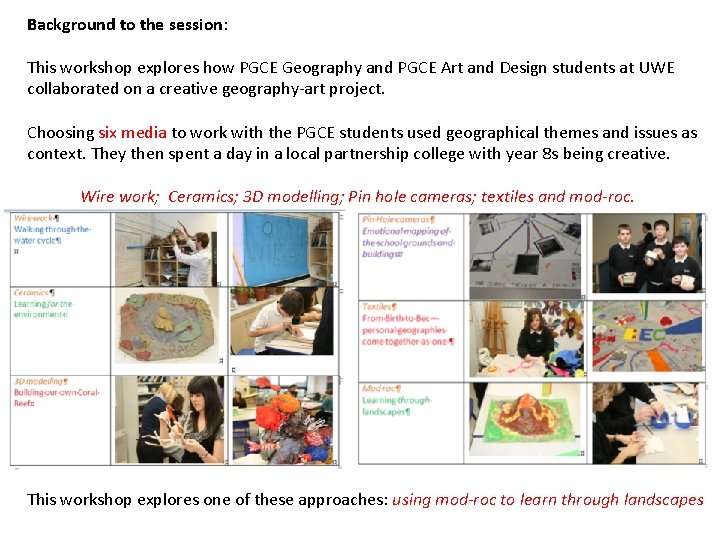 Background to the session: This workshop explores how PGCE Geography and PGCE Art and