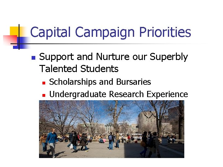 Capital Campaign Priorities n Support and Nurture our Superbly Talented Students n n Scholarships