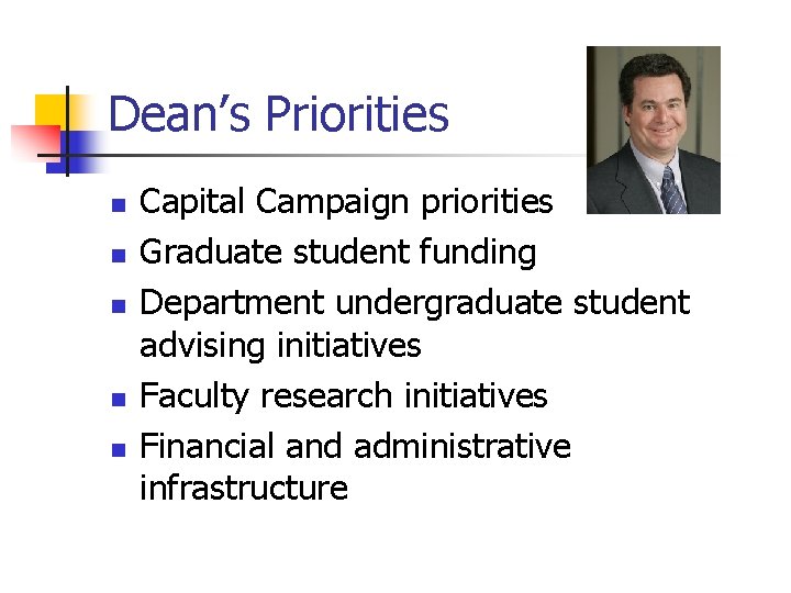 Dean’s Priorities n n n Capital Campaign priorities Graduate student funding Department undergraduate student