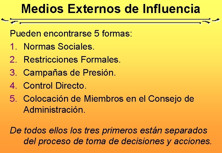 Medios Externos de Influencia Pueden encontrarse 5 formas: 1. Normas Sociales. 2. Restricciones Formales. Medios Externos de Influencia Pueden encontrarse 5 formas: 1. Normas Sociales. 2. Restricciones Formales.