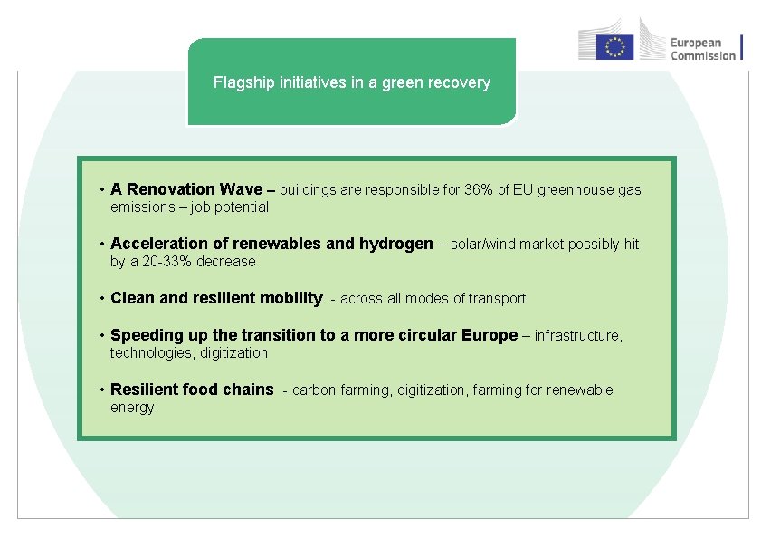 Flagship initiatives in a green recovery • A Renovation Wave – buildings are responsible