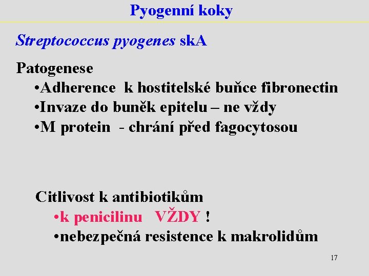 Pyogenní koky Streptococcus pyogenes sk. A Patogenese • Adherence k hostitelské buňce fibronectin •