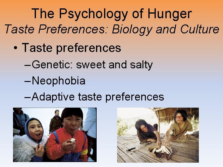 The Psychology of Hunger Taste Preferences: Biology and Culture • Taste preferences – Genetic: