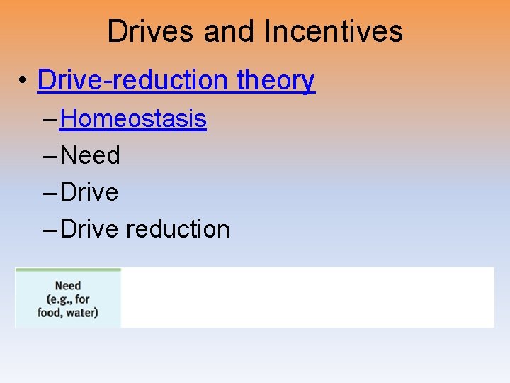 Drives and Incentives • Drive-reduction theory – Homeostasis – Need – Drive reduction 