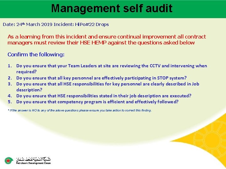 Management self audit Main contractor name – LTI# - Date of incident Date: 24