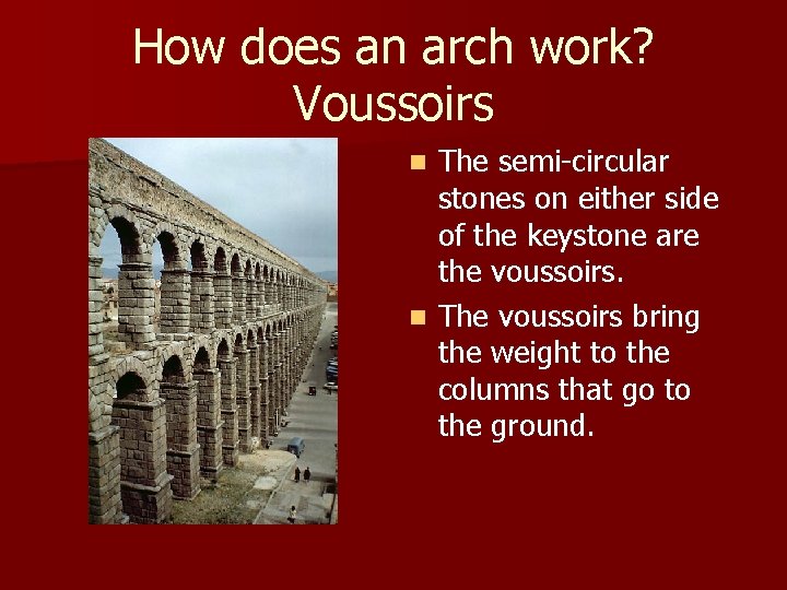 How does an arch work? Voussoirs The semi-circular stones on either side of the