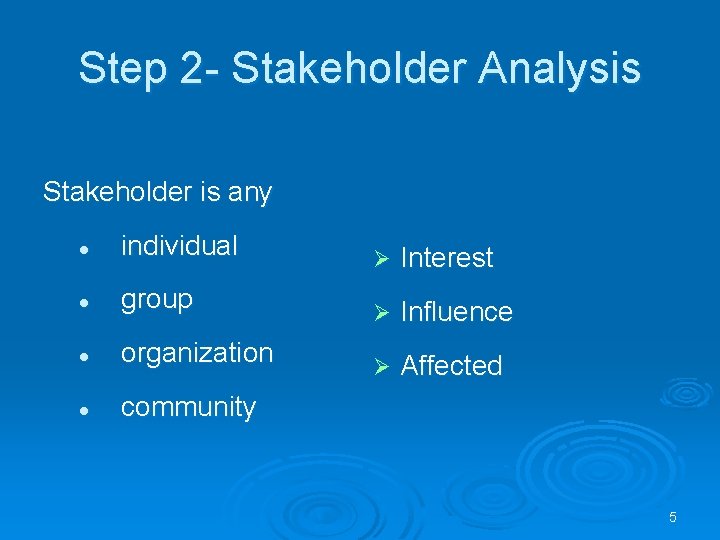 Step 2 - Stakeholder Analysis Stakeholder is any l individual Ø Interest l group