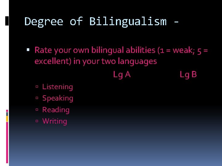 Degree of Bilingualism Rate your own bilingual abilities (1 = weak; 5 = excellent)