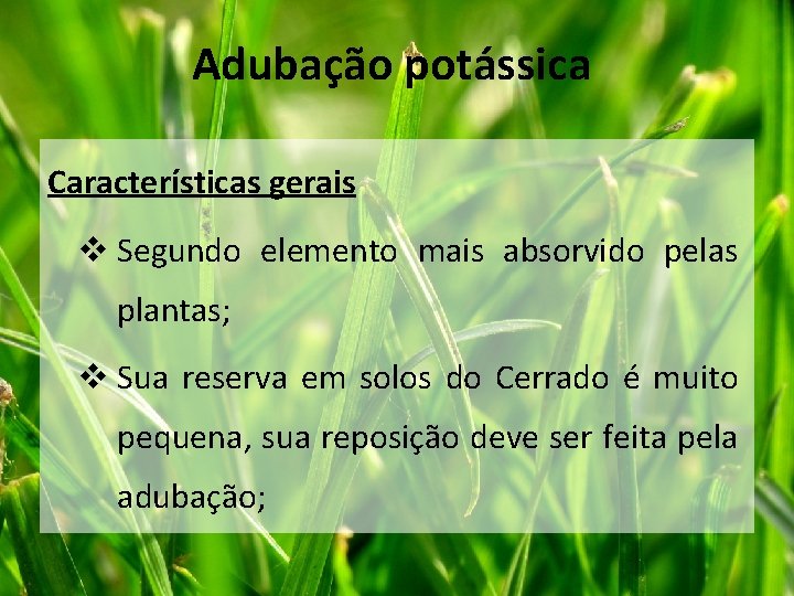 Adubação potássica Características gerais v Segundo elemento mais absorvido pelas plantas; v Sua reserva Adubação potássica Características gerais v Segundo elemento mais absorvido pelas plantas; v Sua reserva