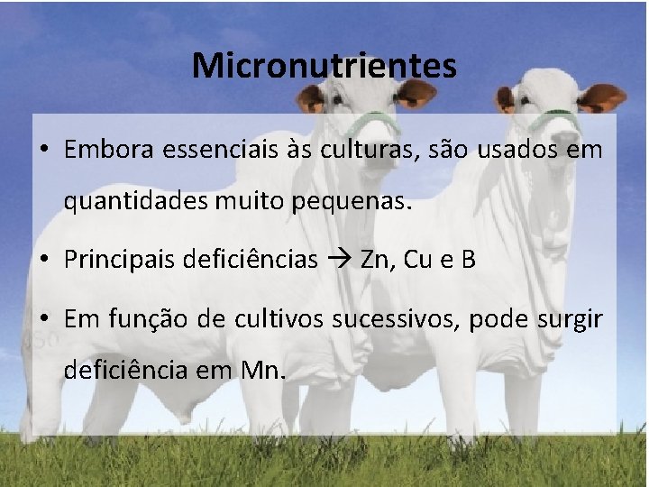 Micronutrientes • Embora essenciais às culturas, são usados em quantidades muito pequenas. • Principais Micronutrientes • Embora essenciais às culturas, são usados em quantidades muito pequenas. • Principais