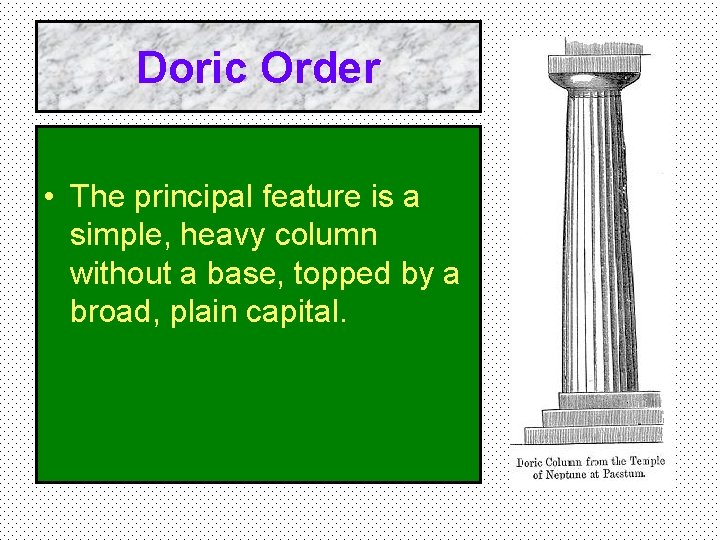 Doric Order • The principal feature is a simple, heavy column without a base,