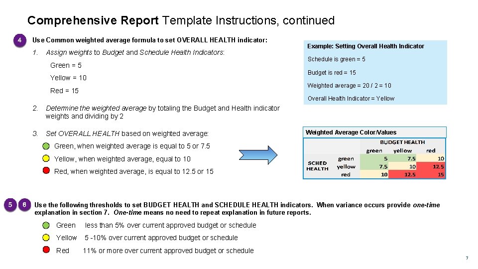 Comprehensive Report Template Instructions, continued Use Common weighted average formula to set OVERALL HEALTH