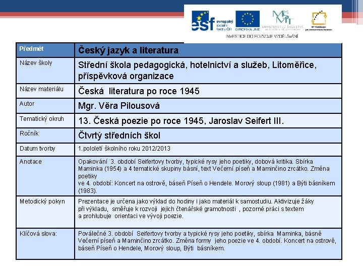 Předmět Český jazyk a literatura Název školy Střední škola pedagogická, hotelnictví a služeb, Litoměřice,