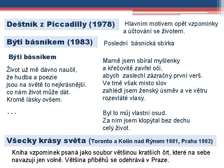 Deštník z Piccadilly (1978) Býti básníkem (1983) Býti básníkem Život už mě dávno naučil,