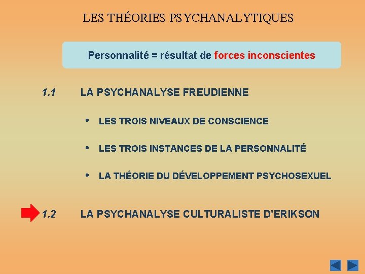 LES THÉORIES PSYCHANALYTIQUES Personnalité = résultat de forces inconscientes 1. 1 1. 2 LA