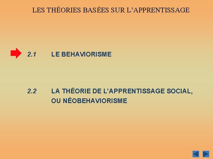 LES THÉORIES BASÉES SUR L’APPRENTISSAGE 2. 1 LE BEHAVIORISME 2. 2 LA THÉORIE DE