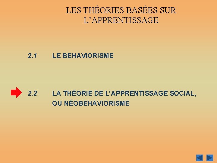 LES THÉORIES BASÉES SUR L’APPRENTISSAGE 2. 1 LE BEHAVIORISME 2. 2 LA THÉORIE DE