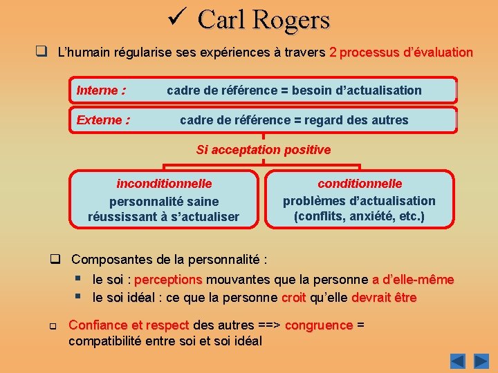 ü Carl Rogers q L’humain régularise ses expériences à travers 2 processus d’évaluation Interne