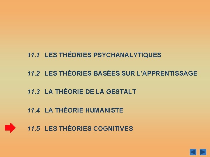 11. 1 LES THÉORIES PSYCHANALYTIQUES 11. 2 LES THÉORIES BASÉES SUR L’APPRENTISSAGE 11. 3