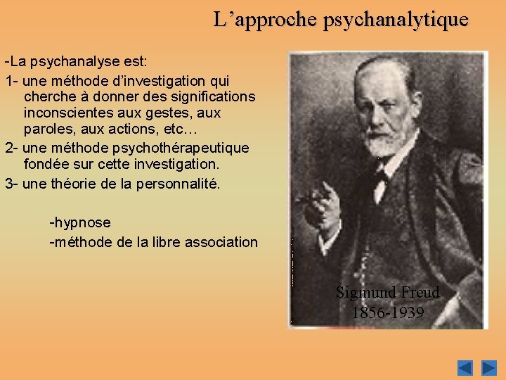 L’approche psychanalytique -La psychanalyse est: 1 - une méthode d’investigation qui cherche à donner