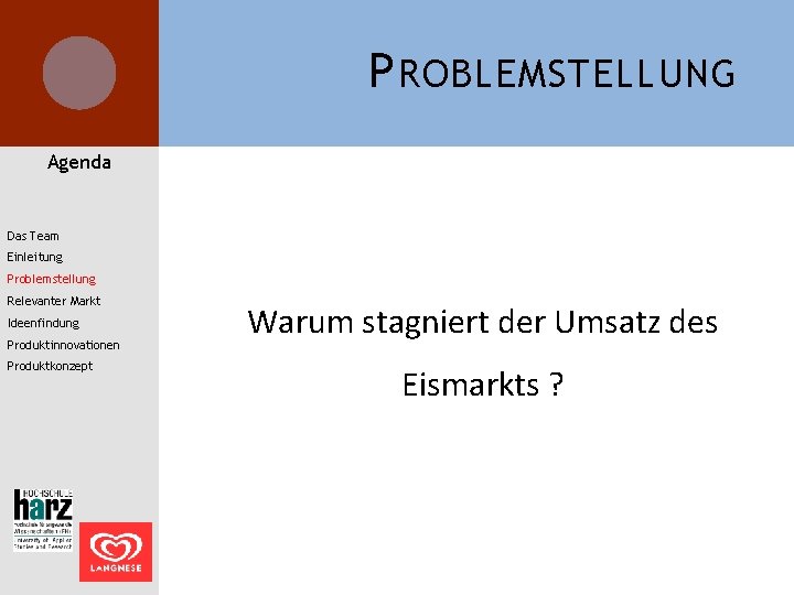 P ROBLEMSTELLUNG Agenda Das Team Einleitung Problemstellung Relevanter Markt Ideenfindung Produktinnovationen Produktkonzept Warum stagniert