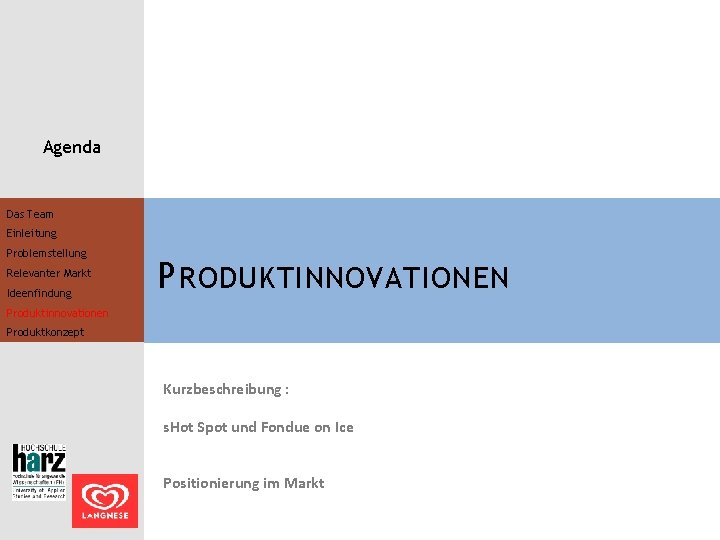 Agenda Das Team Einleitung Problemstellung Relevanter Markt Ideenfindung P RODUKTINNOVATIONEN Produktinnovationen Produktkonzept Kurzbeschreibung :