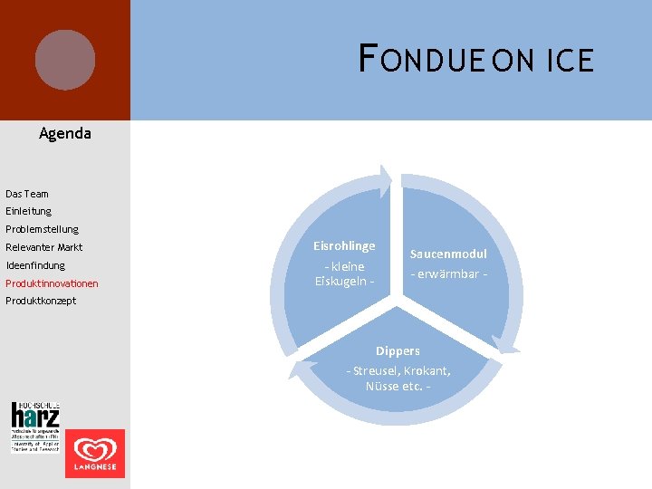 F ONDUE ON ICE Agenda Das Team Einleitung Problemstellung Relevanter Markt Ideenfindung Produktinnovationen Eisrohlinge