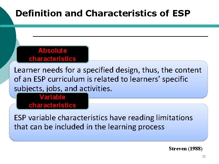 Definition and Characteristics of ESP Absolute characteristics Learner needs for a specified design, thus,