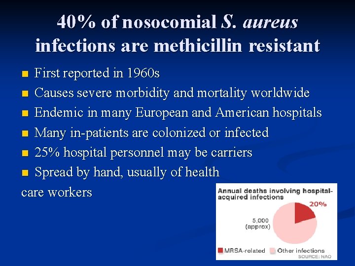 40% of nosocomial S. aureus infections are methicillin resistant First reported in 1960 s