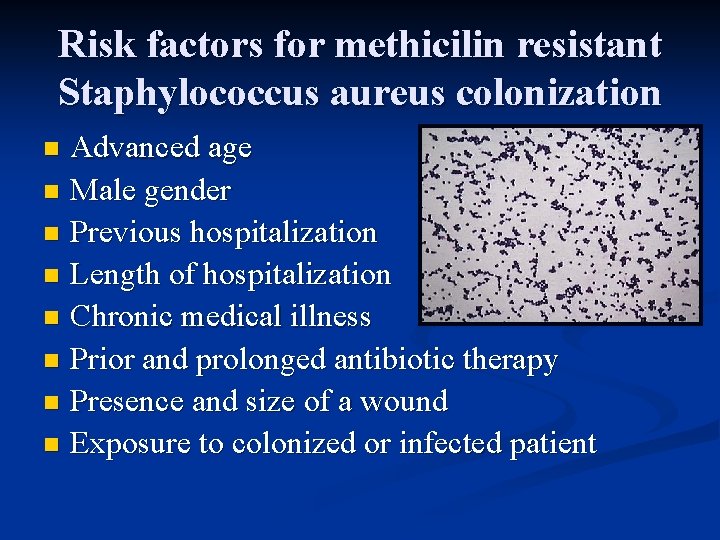 Risk factors for methicilin resistant Staphylococcus aureus colonization Advanced age n Male gender n