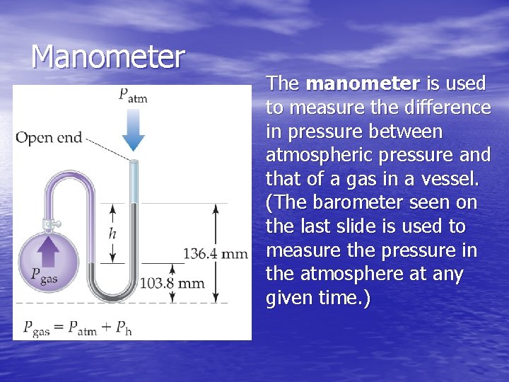 Manometer The manometer is used to measure the difference in pressure between atmospheric pressure