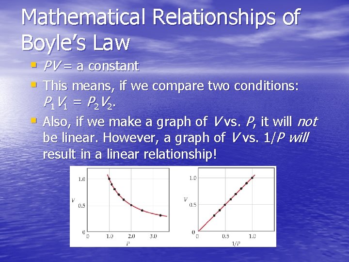 Mathematical Relationships of Boyle’s Law § PV = a constant § This means, if