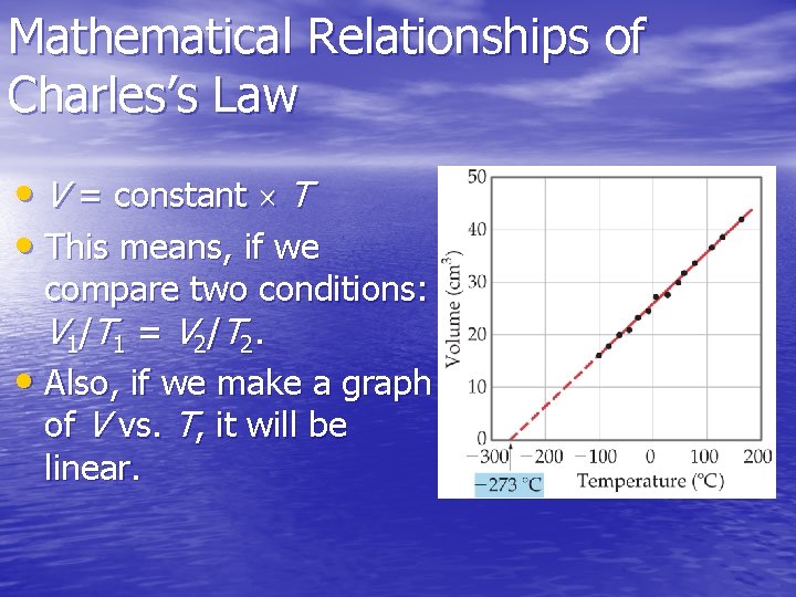 Mathematical Relationships of Charles’s Law • V = constant T • This means, if