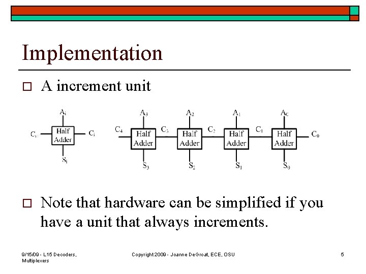Implementation o A increment unit o Note that hardware can be simplified if you