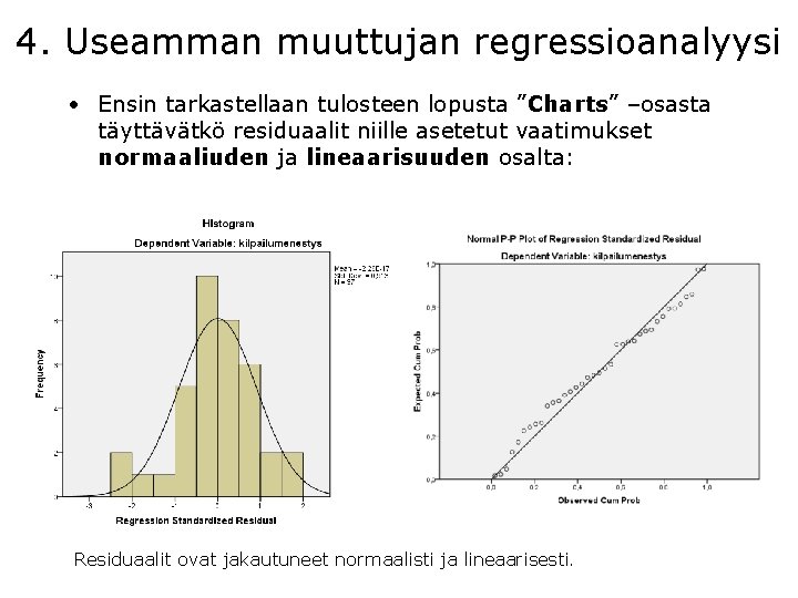 4. Useamman muuttujan regressioanalyysi • Ensin tarkastellaan tulosteen lopusta ”Charts” –osasta täyttävätkö residuaalit niille