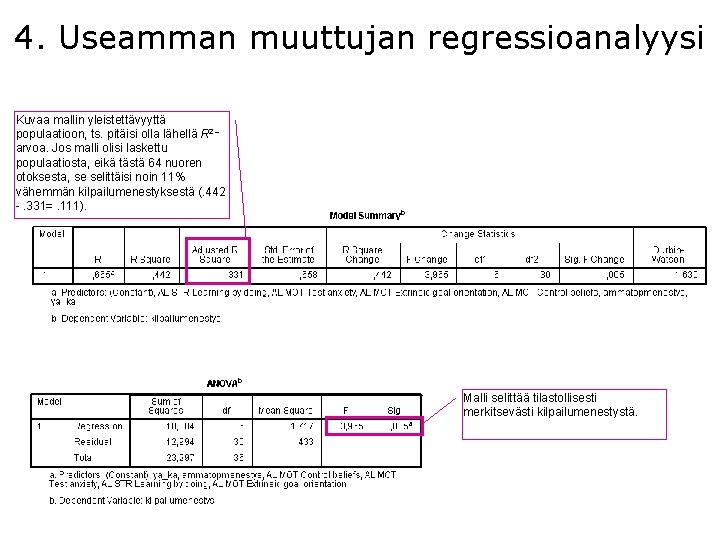 4. Useamman muuttujan regressioanalyysi Kuvaa mallin yleistettävyyttä populaatioon, ts. pitäisi olla lähellä R 2