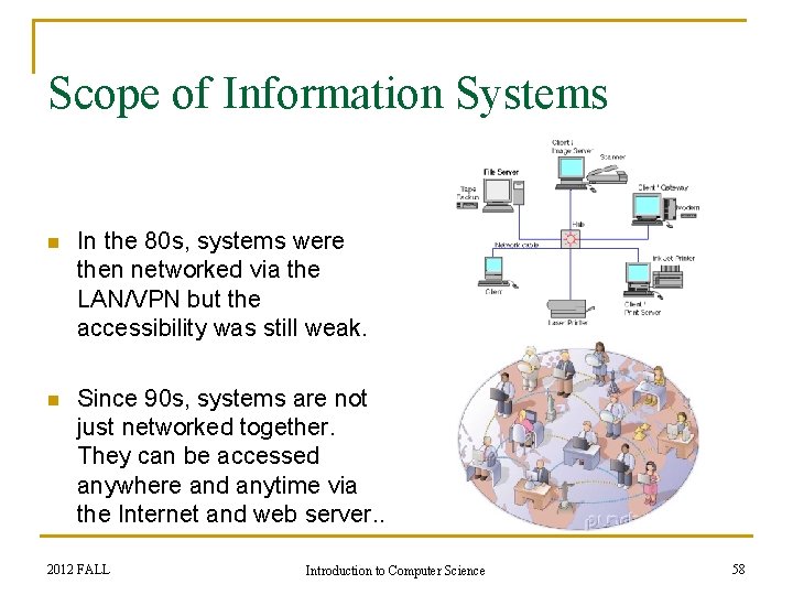 Scope of Information Systems n In the 80 s, systems were then networked via