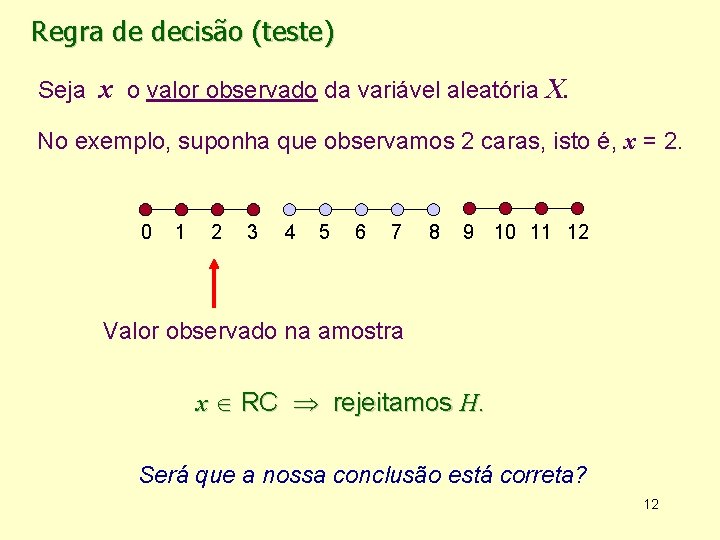 Regra de decisão (teste) Seja x o valor observado da variável aleatória X. No