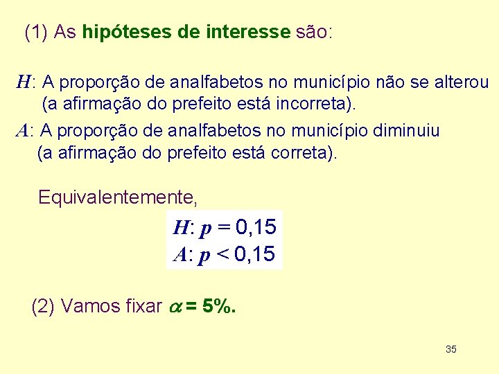 (1) As hipóteses de interesse são: H: A proporção de analfabetos no município não