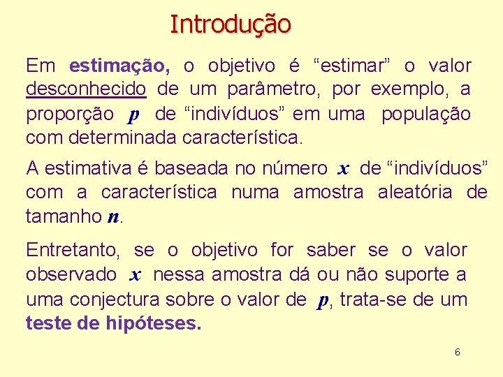 Introdução Em estimação, o objetivo é “estimar” o valor desconhecido de um parâmetro, por