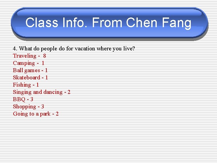 Class Info. From Chen Fang 4. What do people do for vacation where you