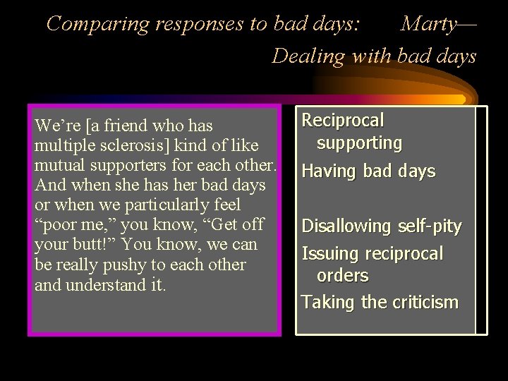 Comparing responses to bad days: Marty— Dealing with bad days We’re [a friend who