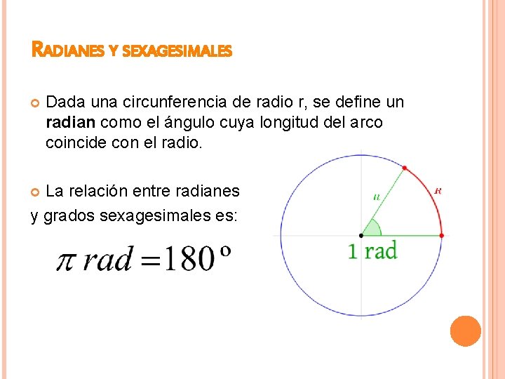 RADIANES Y SEXAGESIMALES Dada una circunferencia de radio r, se define un radian como