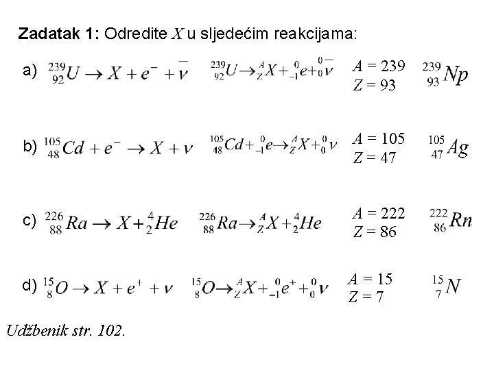 Zadatak 1: Odredite X u sljedećim reakcijama: a) A = 239 Z = 93