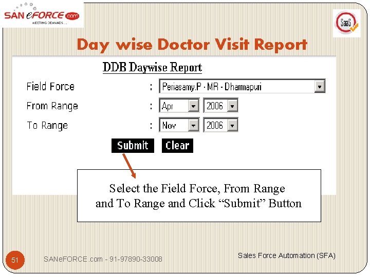 Day wise Doctor Visit Report Select the Field Force, From Range and To Range