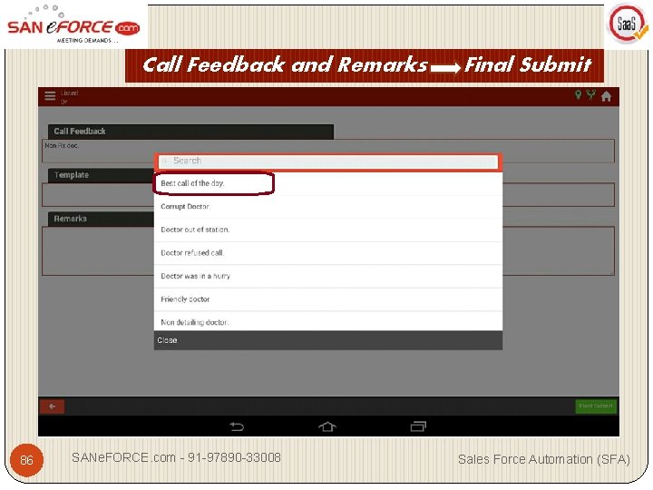 Call Feedback and Remarks 86 SANe. FORCE. com - 91 -97890 -33008 Final Submit