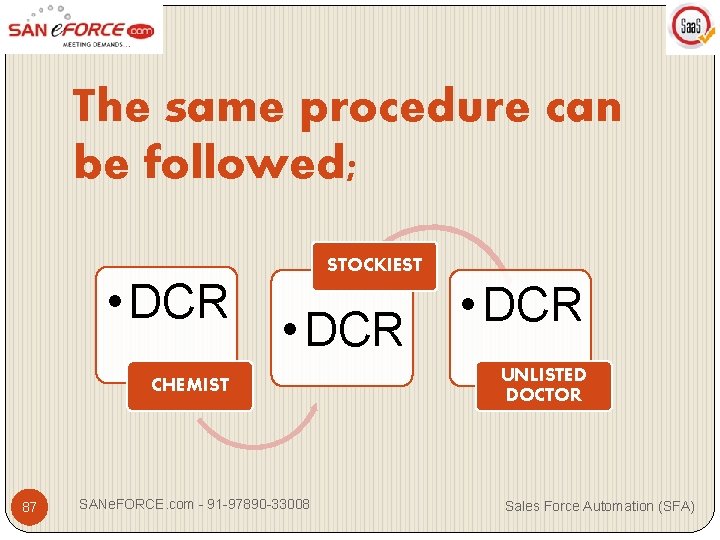 The same procedure can be followed; • DCR STOCKIEST • DCR CHEMIST 87 SANe.