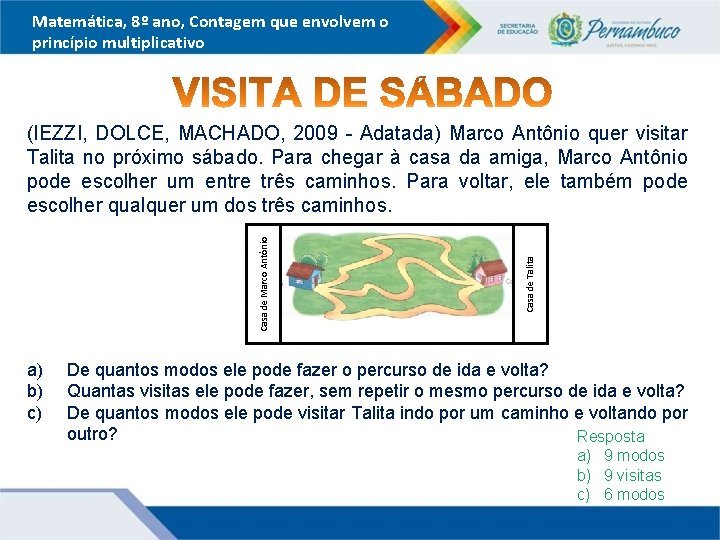 Matemática, 8º ano, Contagem que envolvem o princípio multiplicativo a) b) c) Casa de